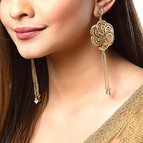 LukGud Gold Plated Floral Earrings With Long Threads Tassel Alloy Earring for Women and Girls