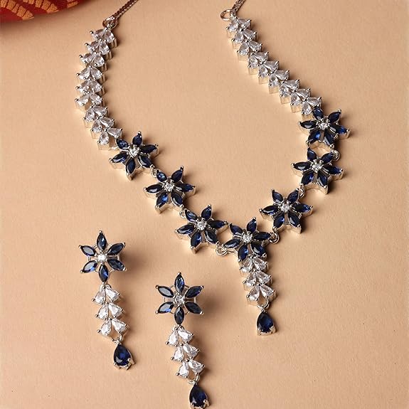 LukGud American Diamond Studded Necklace Earrings Jewellery Set for Girls and Women