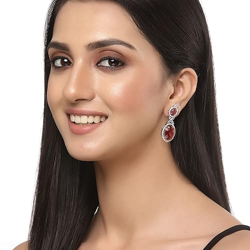 LukGud Oxidised Silver-Plated American Diamond studded Oval Shaped Drop Earrings Jewellery For Girls and Women