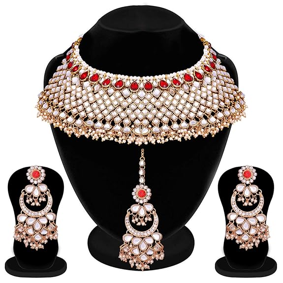 LukGud Green Gold Plated Indian Traditional Polki Look Kundan Bridal Necklace Earring Set with Maang Tikka for Women
