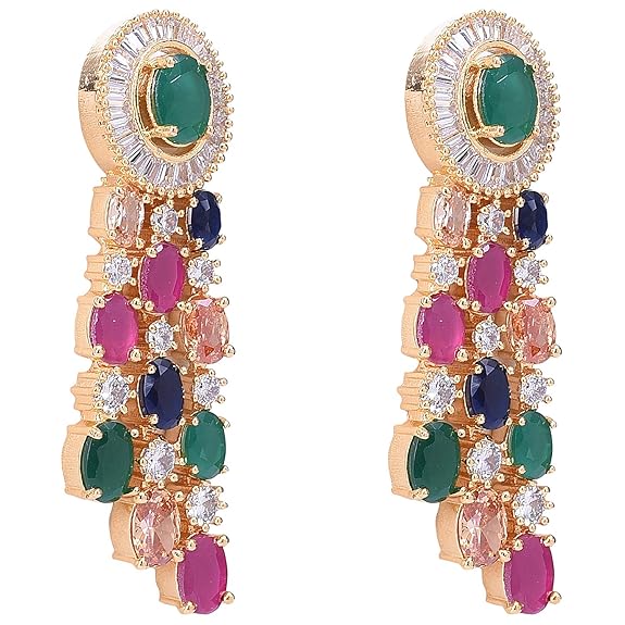 LukGud American Diamond Fashion Jewellery Red Green Blue White Multi Layer Necklace Set with Earring for Women/Girls