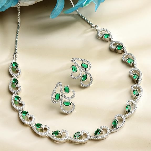 LukGud American Diamond studded Necklace and Drop Earrings Jewellery Set for women