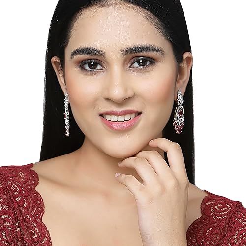 LukGud Rhodium-Plated American Diamond Studded Oval & Leaf Shaped Drop Earrings For Girls and Women
