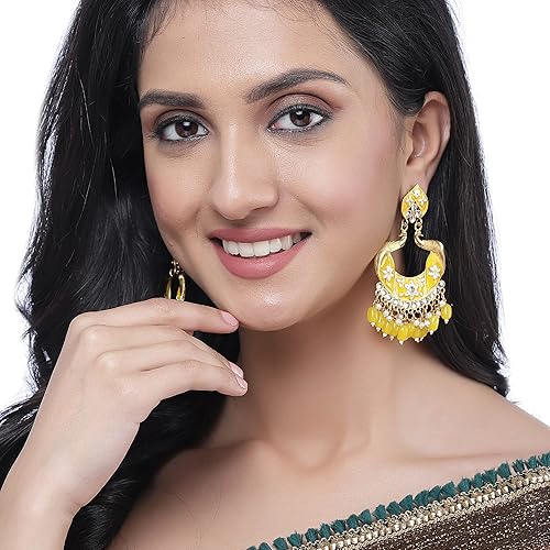 LukGud Gold-Plated Kundan & Pearls studded Peacock Shaped Handcrafted Drop Earrings
