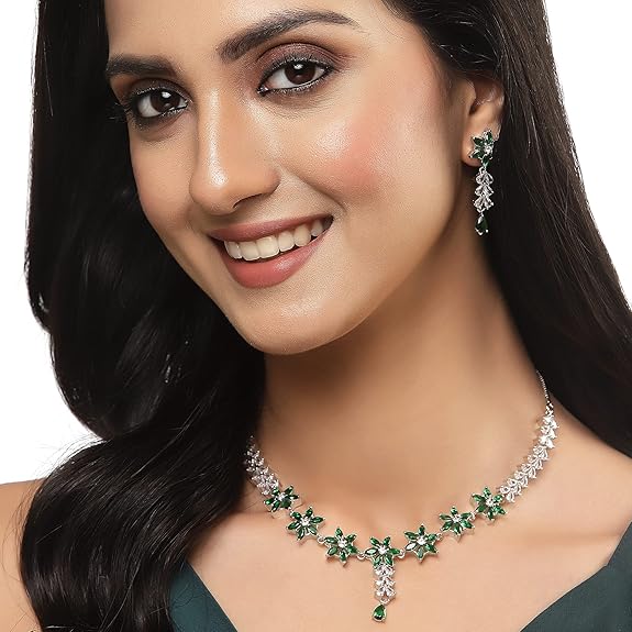 LukGud American Diamond Studded Necklace Earrings Jewellery Set for Girls and Women