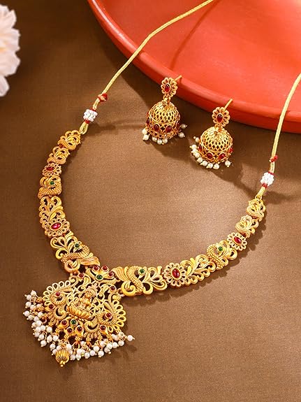 LukGud Jewellery Set for Women Gold-Plated Temple Necklace Set Stone-Studded For Women & Girls