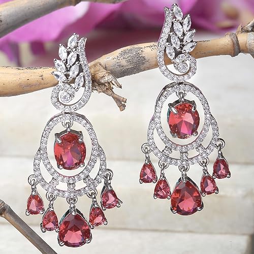 LukGud Rhodium-Plated American Diamond Studded Oval & Leaf Shaped Drop Earrings For Girls and Women