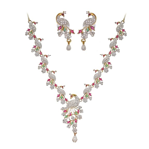 LukGud American Diamond Peacock Style Necklace Jewellery Set for Women and Girls, Multi-Color, Medium