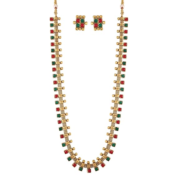 LukGud South Indian Stylish Multicolour Stone Work Long Necklace With Earrings For Women & Girls