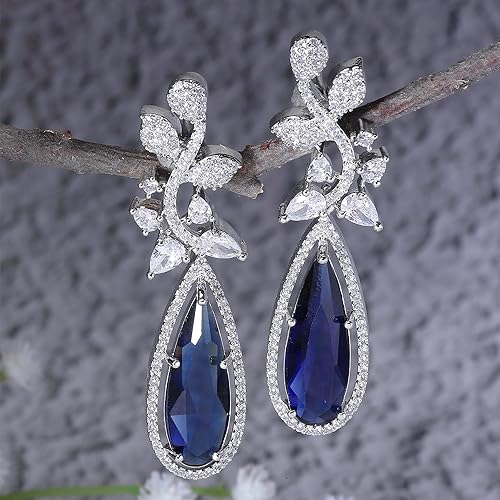 LukGud Rhodium-Plated American Diamond Studded Teardrop & Leaf Shaped Drop Earrings For Girls and Women