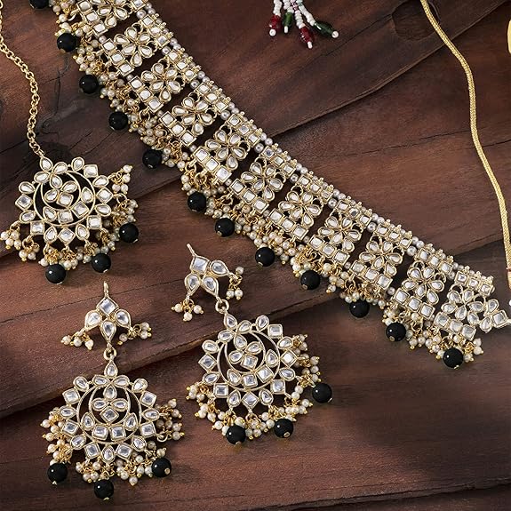 LukGud Ethnic Indian Traditional Jewellery Kundan Choker Necklace Earring Maang Tikka Set Gift for Women Girls