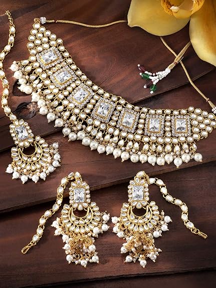 LukGud Rani Padmavati Dulhan Bridal Kundan Pearl Adjustable Choker Necklace with Earrings Maang Tikka for Women Girls Indian Traditional Jewellery Set