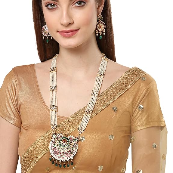 LukGud Jewellery Set Gold Plated Long Necklace Hyderabadi Design Pearl Peacock Necklace Set With Earring Jewellery For Women & Girls