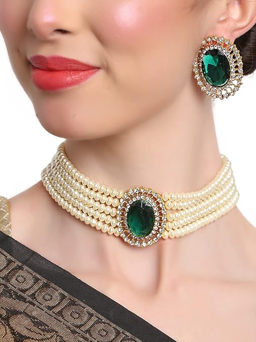 LukGud 18k Gold Plated Latest Stylish Fancy Choker Traditional Pearl Necklace Jewellery Set for Women