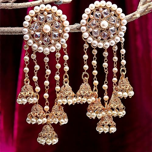 LukGud Earring Gold Plated Beaded Handcrafted Bahubali Inspired Devsena Jhumka Fringed Dangle Jewellery For Girl And Women