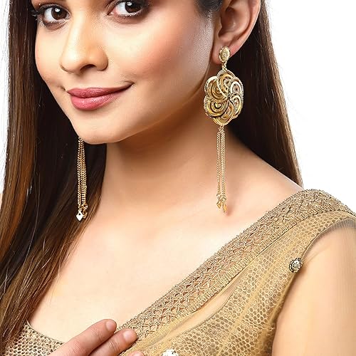 LukGud Gold Plated Floral Earrings With Long Threads Tassel Alloy Earring for Women and Girls