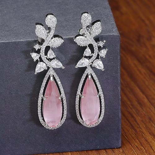 LuKGud Rhodium-Plated American Diamond Studded Teardrop & Leaf Shaped Drop Earrings For Girls and Women