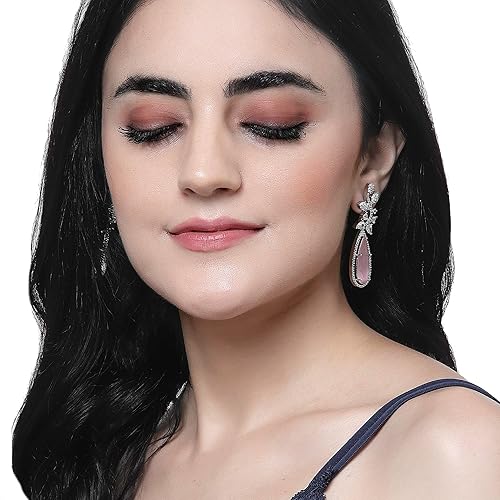 LuKGud Rhodium-Plated American Diamond Studded Teardrop & Leaf Shaped Drop Earrings For Girls and Women