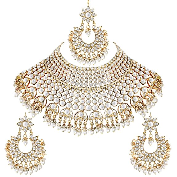 LukGud Indian Wedding Traditional Gold Plated Kundan Choker Necklace Set with Tikka and Earrings for Wome Girls