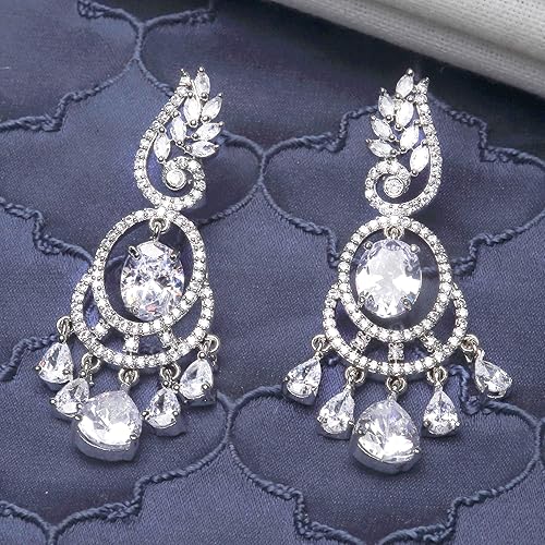 LukGud Rhodium-Plated American Diamond Studded Oval & Leaf Shaped Drop Earrings For Girls and Women