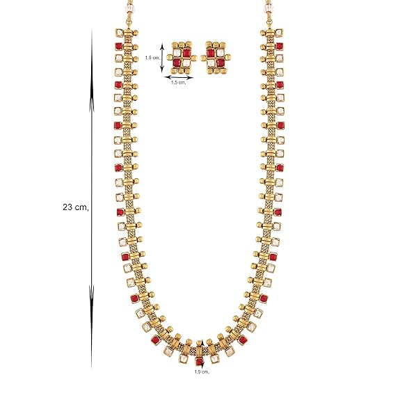 LukGud South Indian Stylish Multicolour Stone Work Long Necklace With Earrings For Women & Girls