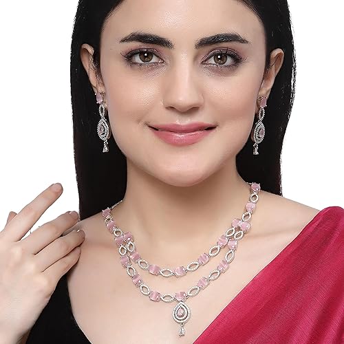 LukGud American Diamond Studded Abstract Necklace With Earrings Jewellery Set For Girls and Women