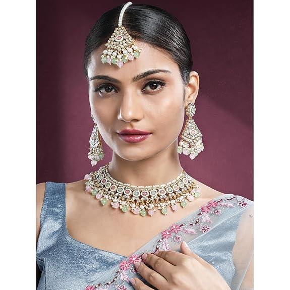 LukGud Gold Plated Kundan & Beads Studded Choker Necklace Dangle Earrings & Maangtikka Set Ethnic Jewellery for Women