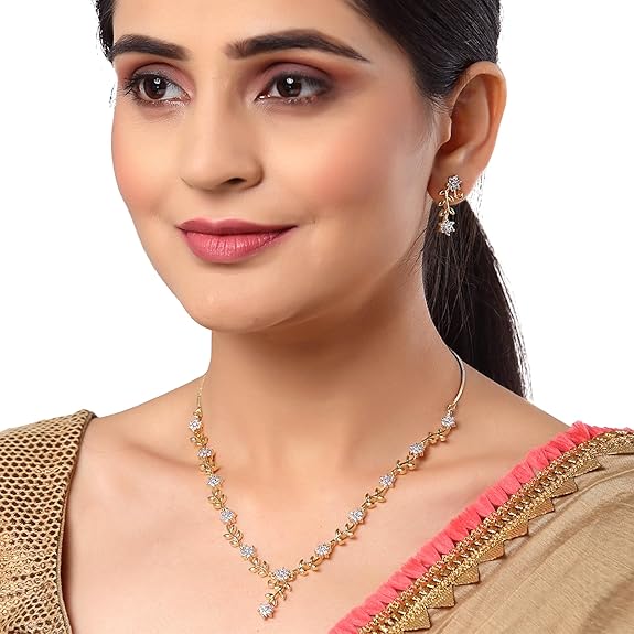 LukGud Jewellery Set Sparkling CZ Diamond with Leafy Design Necklace Set for Women and Girl