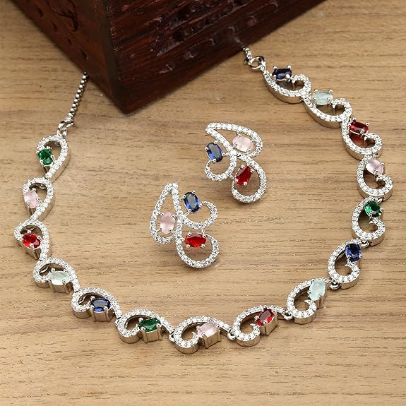 LukGud American Diamond studded Necklace and Drop Earrings Jewellery Set for women