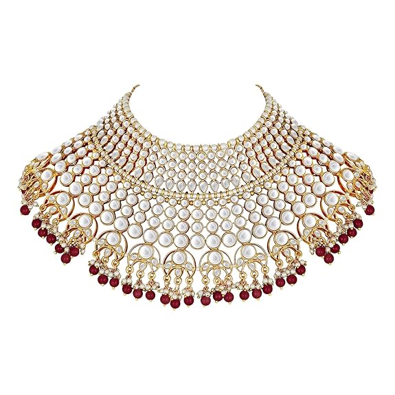 LukGud Indian Wedding Traditional Gold Plated Kundan Choker Necklace Set with Tikka and Earrings for Women Girls