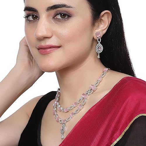 LukGud American Diamond Studded Abstract Necklace With Earrings Jewellery Set For Girls and Women