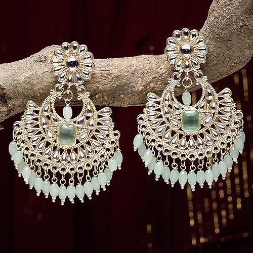 LukGud Gold-Plated Kundan studded Crescent Shaped Chandbali Earrings for Girls and Women