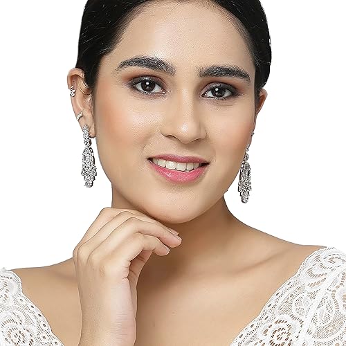 LukGud Rhodium-Plated American Diamond Studded Oval & Leaf Shaped Drop Earrings For Girls and Women