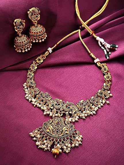 LukGud Gold-Plated Temple Necklace Set Stone-Studded Necklace Set For Women & Girls