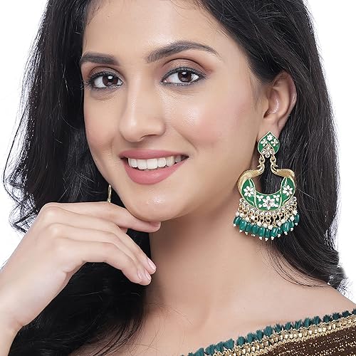 LukGud Gold-Plated Kundan & Pearls studded Peacock Shaped Handcrafted Drop Earrings