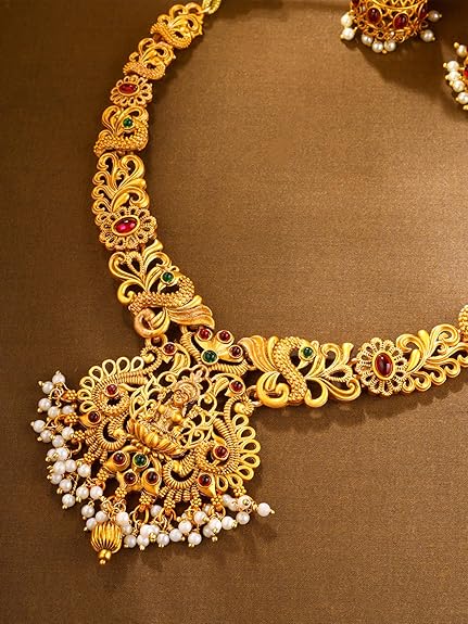 LukGud Jewellery Set for Women Gold-Plated Temple Necklace Set Stone-Studded For Women & Girls