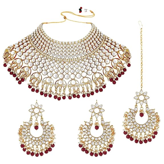 LukGud Indian Wedding Traditional Gold Plated Kundan Choker Necklace Set with Tikka and Earrings for Women Girls
