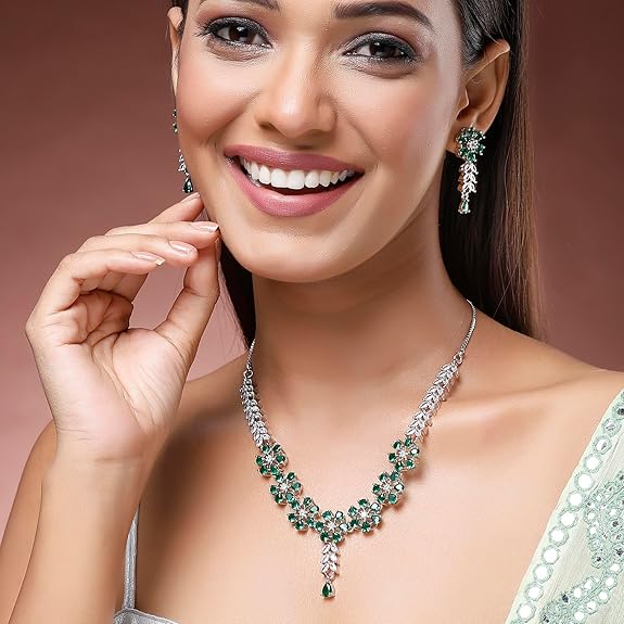 LukGud American Diamond Studded Necklace Earrings Jewellery Set for Girls and Women