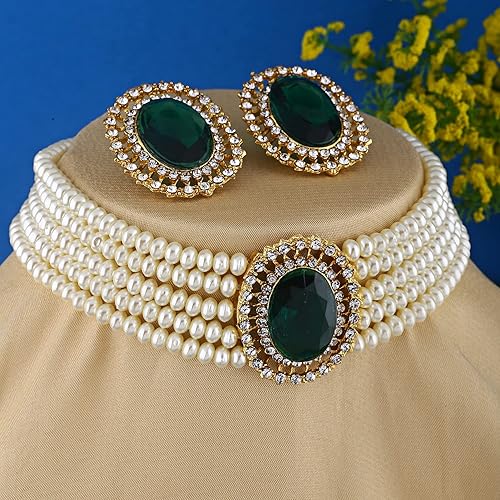 LukGud 18k Gold Plated Latest Stylish Fancy Choker Traditional Pearl Necklace Jewellery Set for Women