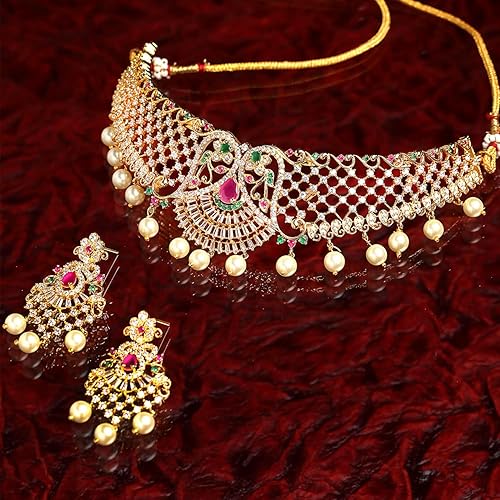 LukGud Gold Plated White & Red American Diamond Studded With Drop Pearl Beaded Jewellery Set For Women & Girl