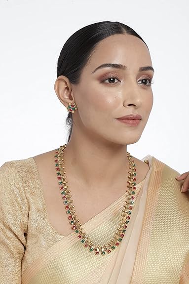 LukGud South Indian Stylish Multicolour Stone Work Long Necklace With Earrings For Women & Girls