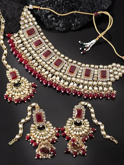 LukGud Rani Padmavati Dulhan Bridal Kundan Pearl Adjustable Choker Necklace with Earrings Maang Tikka for Women Girls Indian Traditional Jewellery Set