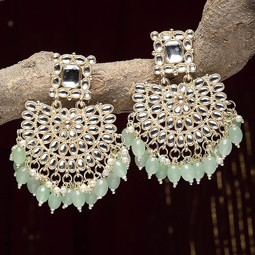 LukGud Gold-Plated Kundan studded Crescent Shaped Chandbali Earrings for Girls and Women