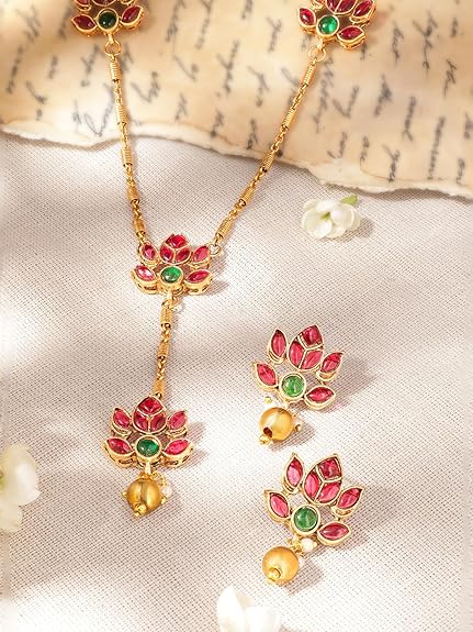 LukGud Gold-Plated Lotus Motif Ruby and Emerald Studded Jewellery Set For Women