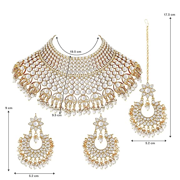 LukGud Indian Wedding Traditional Gold Plated Kundan Choker Necklace Set with Tikka and Earrings for Wome Girls