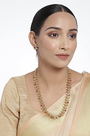 LukGud South Indian Stylish Multicolour Stone Work Long Necklace With Earrings For Women & Girls