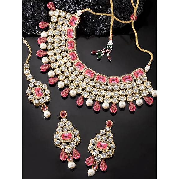 LukGud Crystal Choker Necklace with Maang Tikka Earrings Indian Traditional Bridal Wedding Jewellery Set for Women