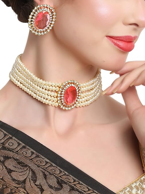 LukGud 18k Gold Plated Latest Stylish Fancy Choker Traditional Pearl Necklace Jewellery Set for Women