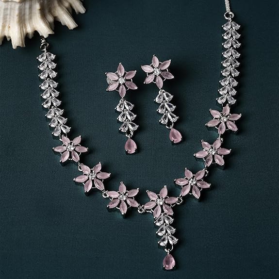 LukGud American Diamond Studded Necklace Earrings Jewellery Set for Girls and Women