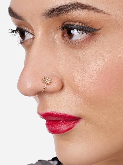 LukGud Set of 3 Gold Tone Cubic Zirconia Contemporary Brass Clip On Nose Pins For Women
